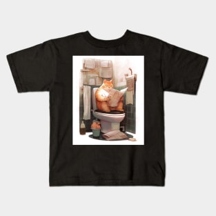 Tabby Cat Sitting on the Toilet Kids T-Shirt